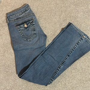 True Religion Sz 26 Joey distressed bootcut denim jeans. 32.5” inseam.